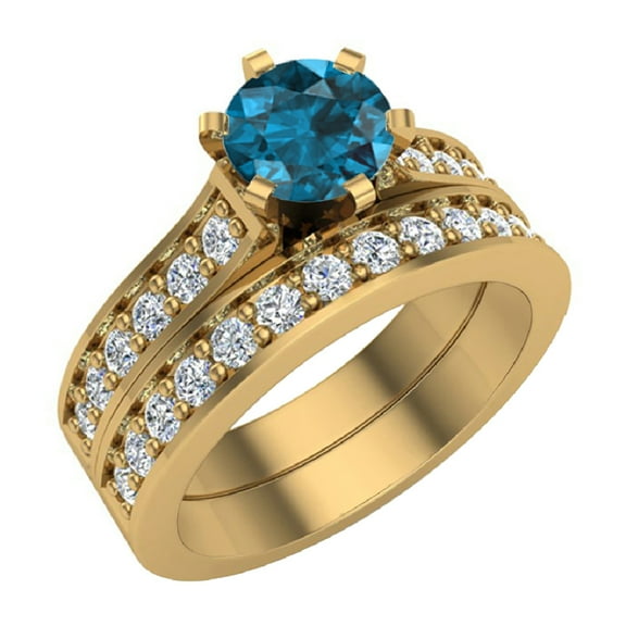 Wedding Rings for Women Bridal Set Blue Diamond Rings 14K Gold - 1.25 CTW Cathedral Style
