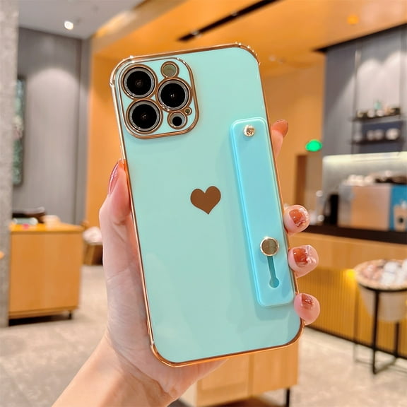 AUshell for iPhone 14 Pro Max Case, Love Heart Plating Bumper Silicone Adjustable Strap Wristband Kickstand Lens Camera Frame Slim for iPhone 14 Pro Max (6.7" 2022) Shockproof Anti-fall, Mint