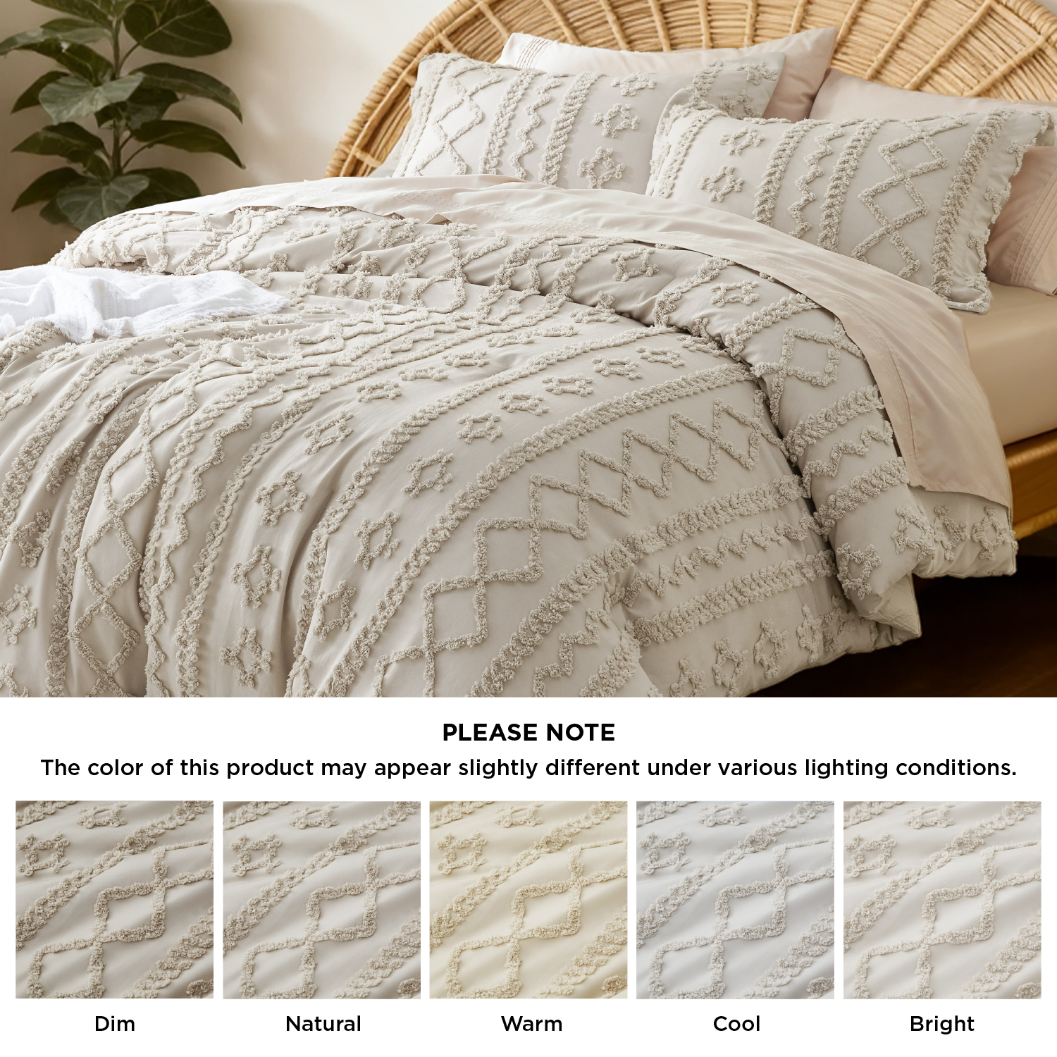 U by Bedsure Tufted Boho Comforter Set, 3 Pieces Farmhouse Shabby Chic Embroidery Bed Set, Soft Jacquard Comforter for All Seasons,Queen,Natural