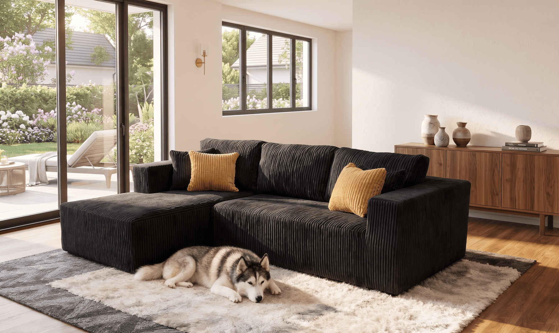 102" Modular Sectional Boneless Sofa, L-Shaped Cloud Couch with Left Facing Chaise, No Assembly Corduroy Sleeper Sofa, Plush Deep Seat Modular Couch with Toss Pillows for Living Room, Black