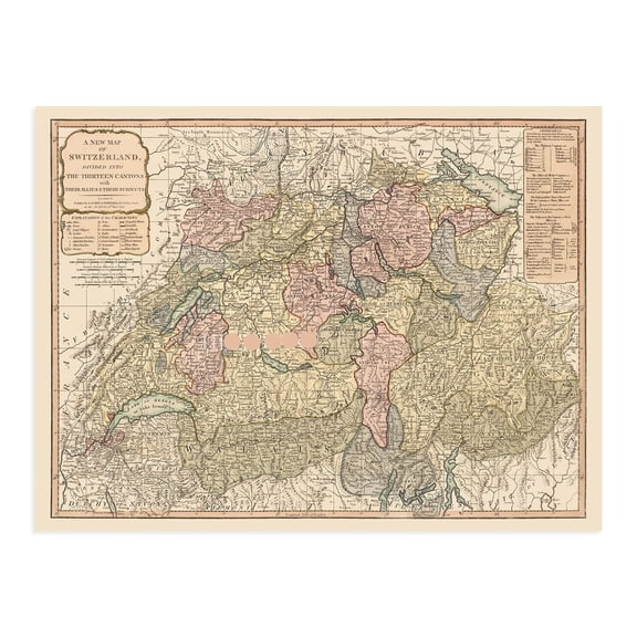 Vintage 1794 Switzerland Map Poster Map of Switzerland Wall Art - Old Switzerland Poster - History Map of Switzerland