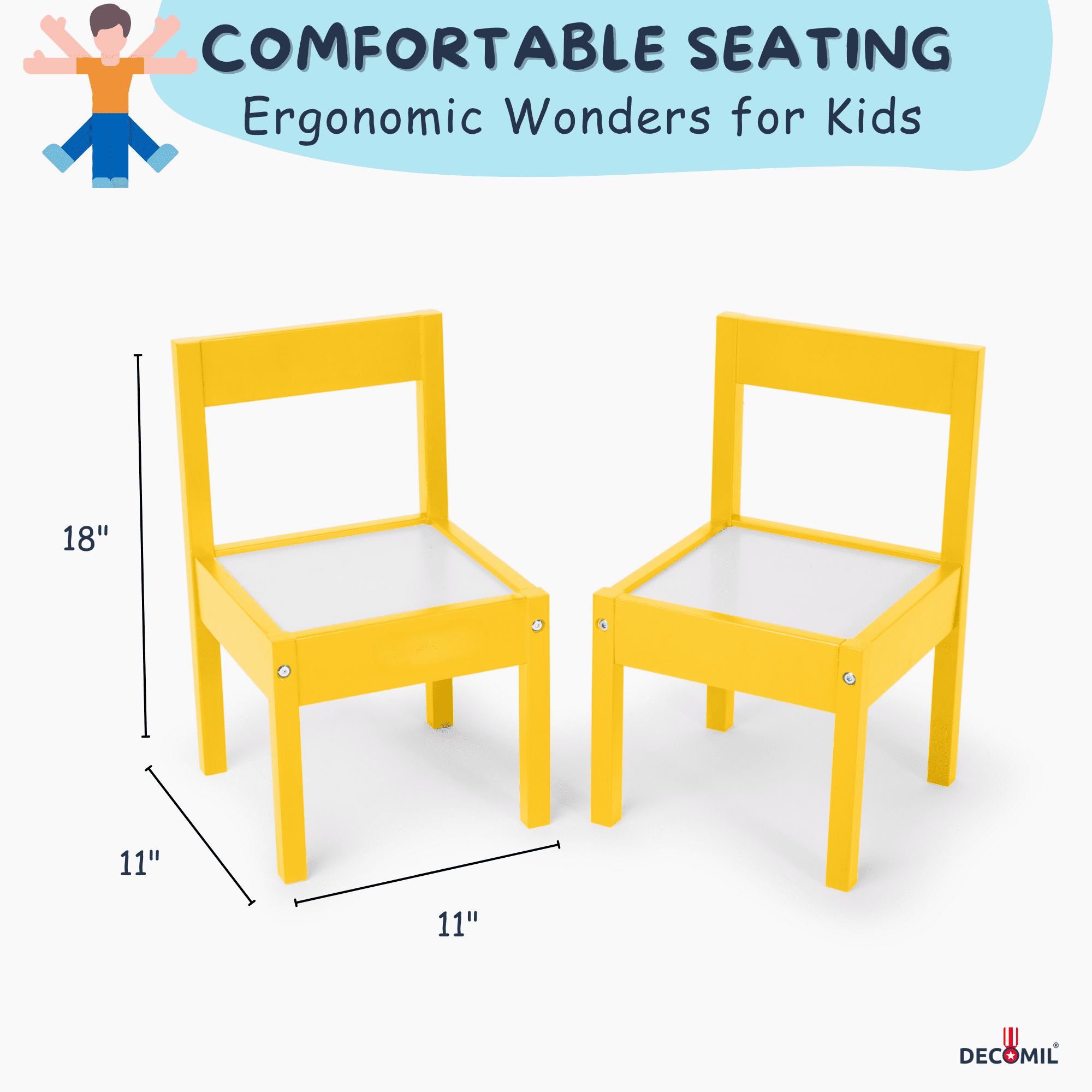 DECOMIL Kids Wooden Table and Chairs, 3 Pieces Set Includes 2 Chairs and 1 Activity Table, Picnic Table with Chairs (Yellow)