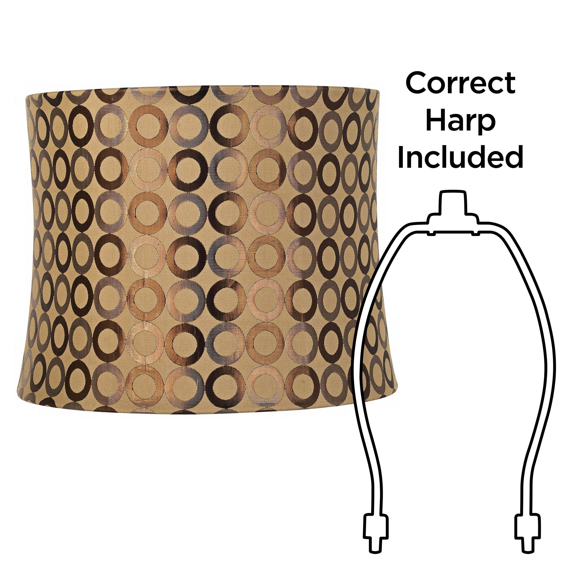 Springcrest Set of 2 Drum Print Lamp Shades Tan Copper Circles Medium 13" Top x 14" Bottom x 11" High Spider Harp Finial Fitting