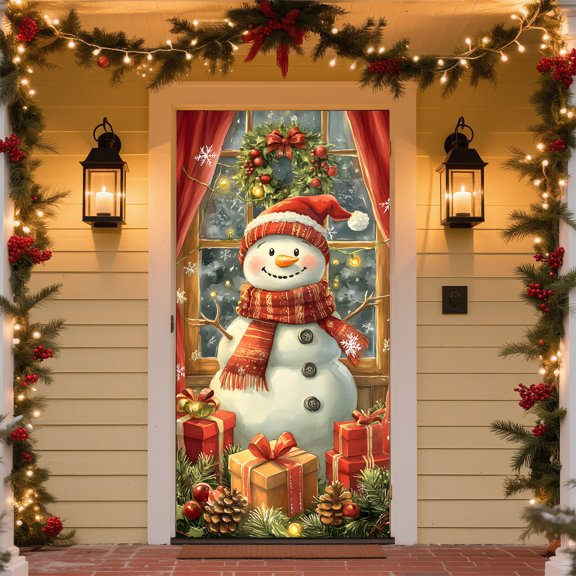 1pc Christmas Door Cover Banners for Front Decorations Merry Xmas Snowman Backdrop Banner, xmas door covers Winter Holiday Decor for Indoor Outdoor Home Office Classroom Decor (35x71 Inches)