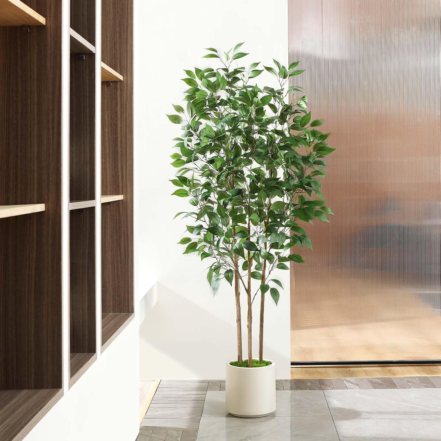 Ficus Artificial Tree 5ft Tall Fake Ficus Tree for Home Decor Indoor Faux Silk Ficus Plant Fake Floor Plant in White Imitation Ceramic Planter with Green Fake Moss, Set of 1