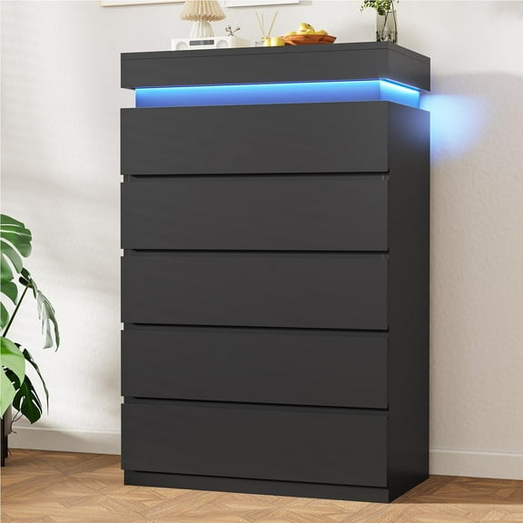 Afuhokles Black 5 Drawer Dresser with LED Light, Chest of Drawers for Bedroom