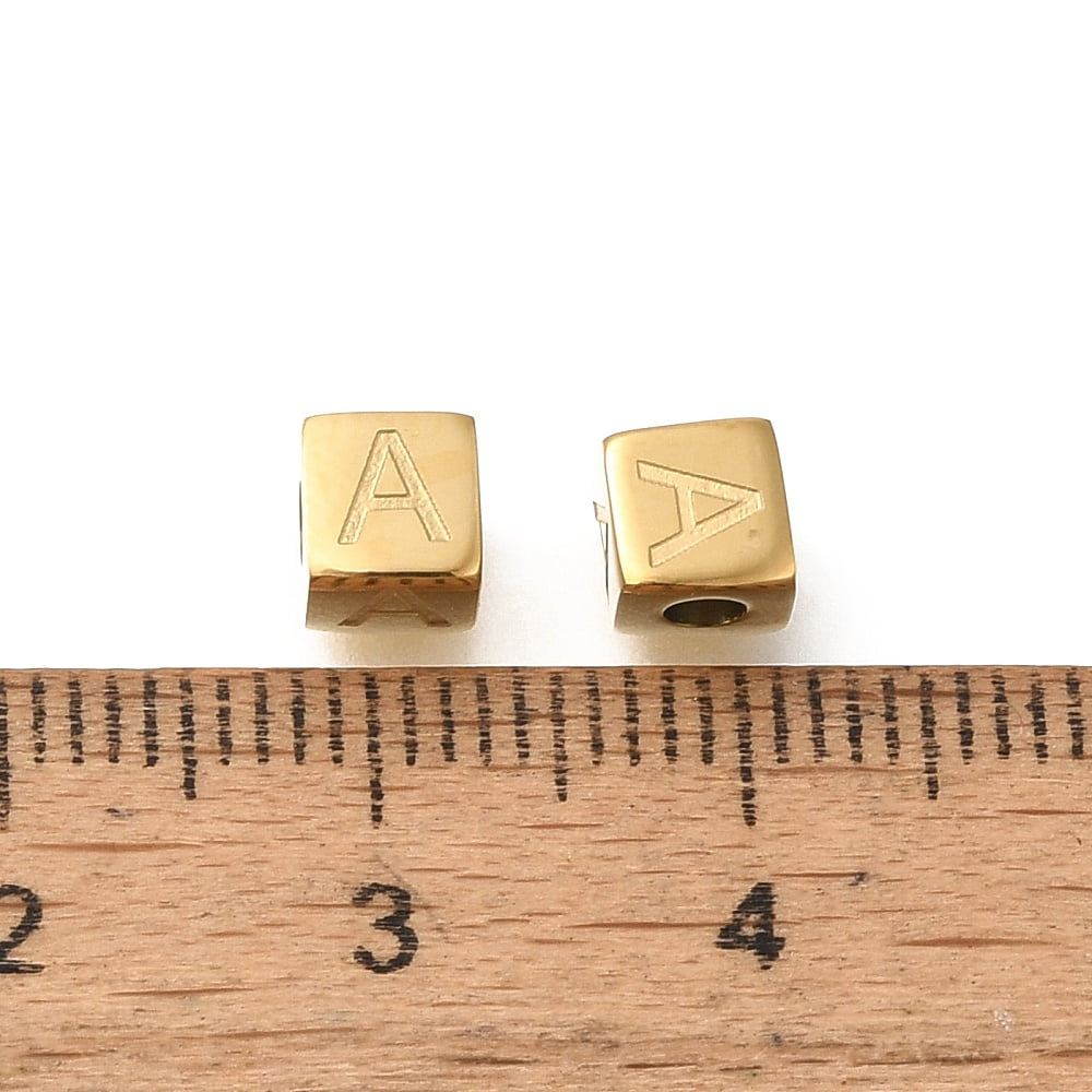 26Pcs Ion Plating(IP) 304 Stainless Steel Beads Cube with Letter A~Z Real 14K Gold Plated 5x5x5mm Hole: 2mm