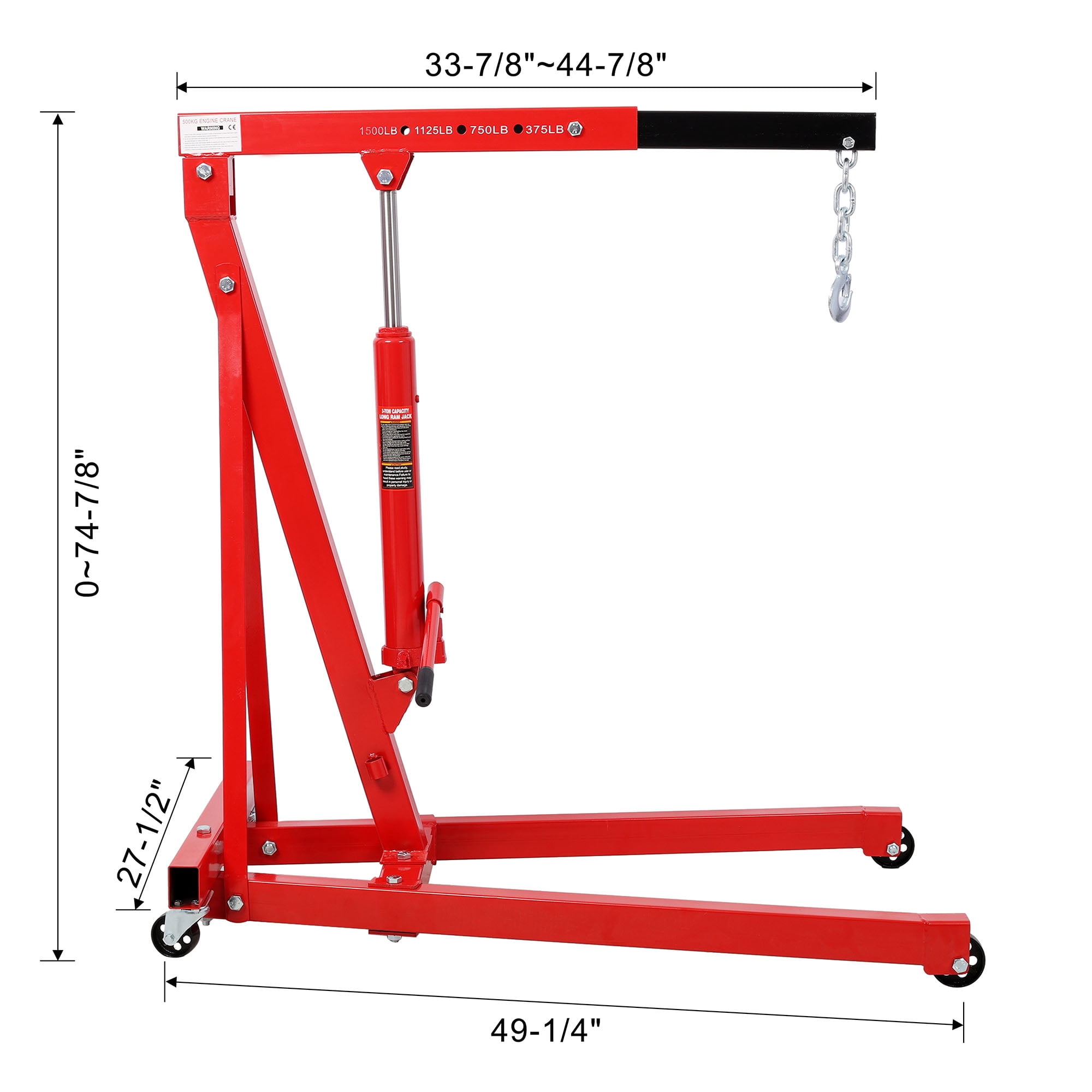 Red Folding Engine Crane Hoist with 1500 Lbs Capacity, Steel Frame and Caster Wheels for Workshop Use