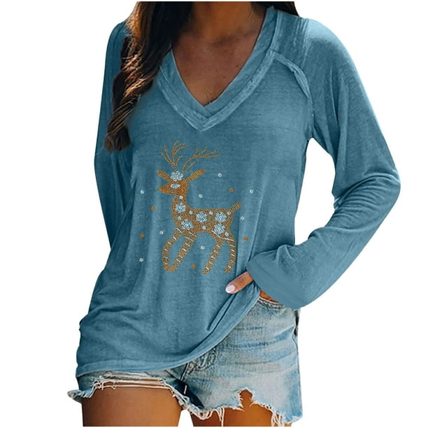 Tops de Mujer Camisas de Manga Larga Otoño Moda Causal Cuello en V Blusa Estampada Camiseta Otoño Odeerbi ODB148712