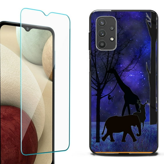 Slim-Fit Flexible TPU Gel Phone Case (black) for Samsung Galaxy A32 5G, with Tempered Glass Screen Protector, by OneToughShield ® - Midnight Safari