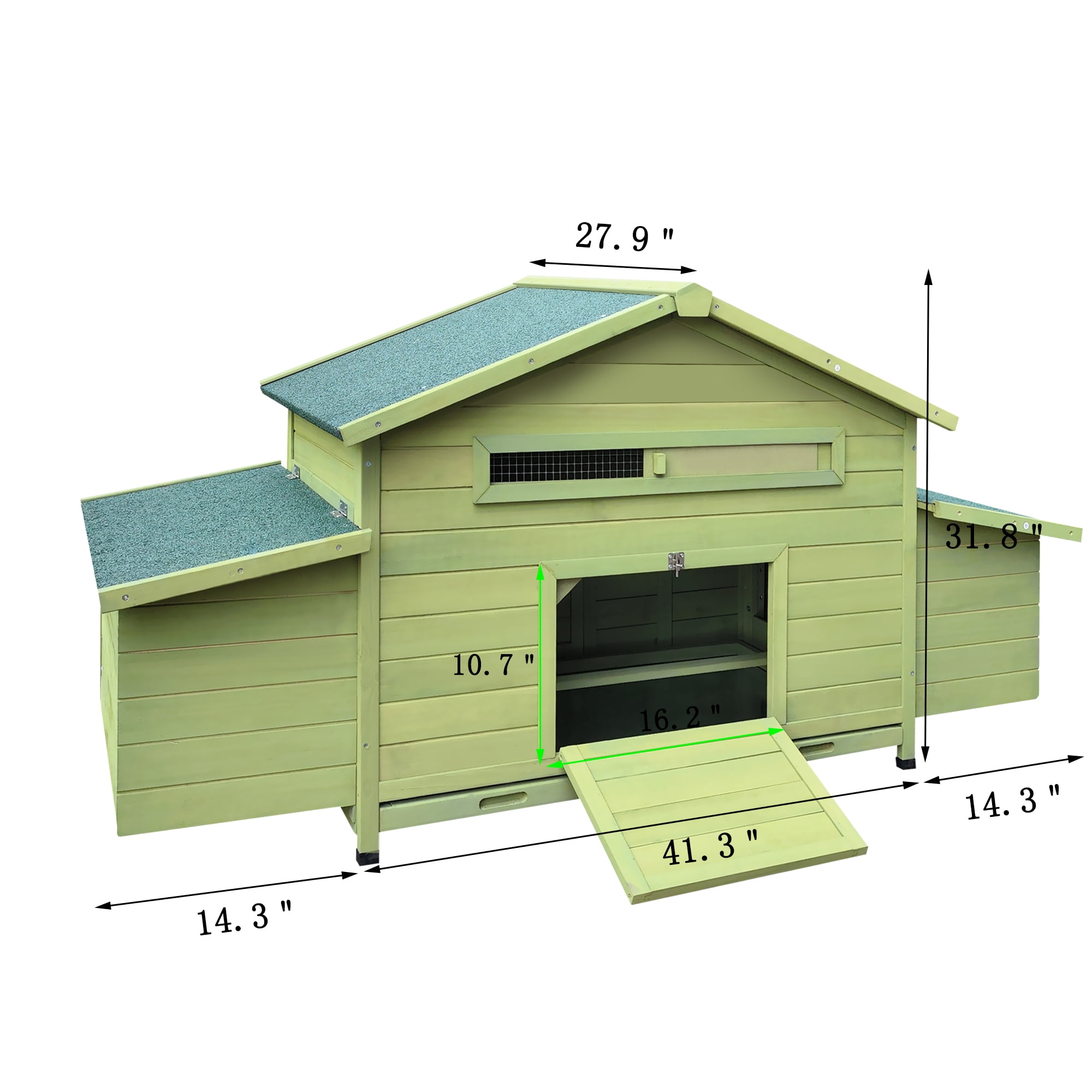 Pefilos 67" Wood Chicken Coop for Outdoor with Water-Resistant Roofs, Large Hen House with Nest Boxes, Rabbit Hutch Poultry Cage, Green