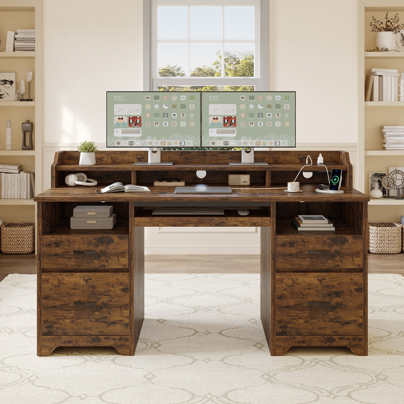 Bestier Farmhouse Executive Desk with Drawers, 59" Wood Computer Desk with Charging Station, Home Office Desk with Keyboard Tray & Monitor Stand，File Cabinet Sturdy Desk for Work Study, Rustic Brown