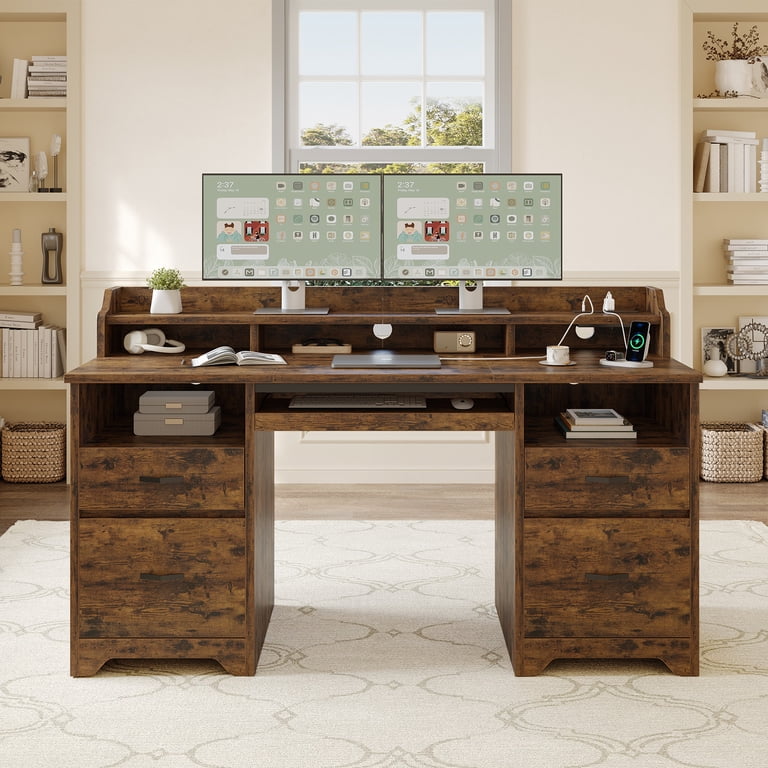 Bestier Farmhouse Executive Desk with Charging, Rustic Brown photo 2