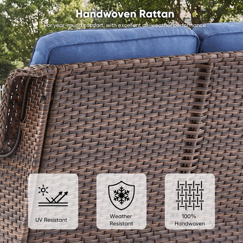 PARKWELL Outdoor Patio Wicker Furniture Set - 5 Piece Sectional Sofa Set with 3-Seat Sofa,2 Chairs and 2 Ottomans,Brown Wicker and Blue Cushion