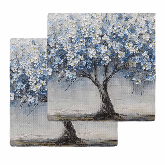 Blue Flowers Tree Kitchen Dish Towels for Drying Dishes Set of 2, Blossoms Floral Botanical Art Waffle Weave Microfiber Hand Tea Bathroom Towels Quick Dry & Absorbent Towel 12x12