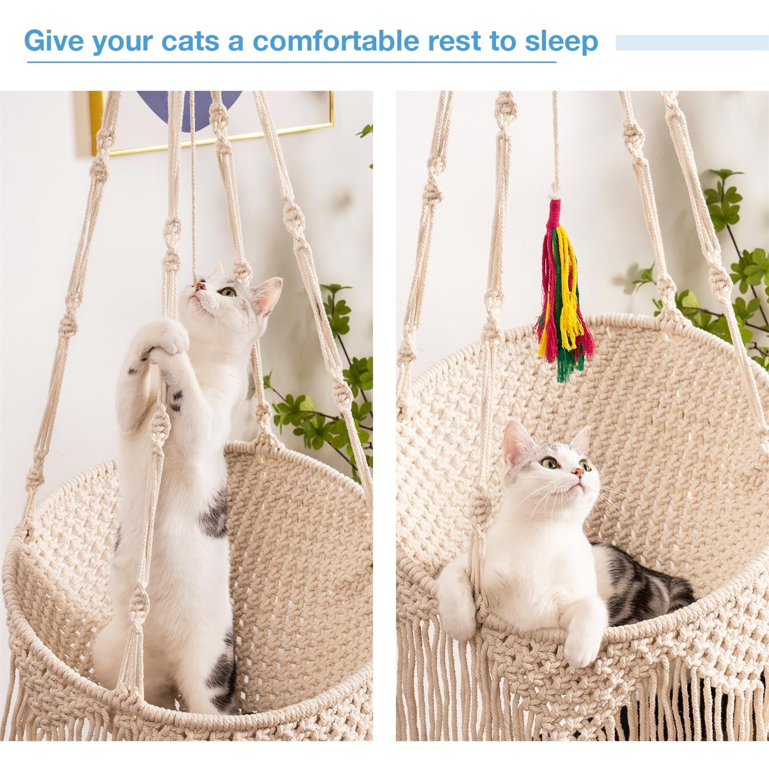 Pefilos 49" Macrame Cat Hammock, Handwoven Hanging Cat Bed, Boho Cat Swing Toy with 3 Different Types of Hooks for Indoor Outdoor Home Decor Hang Cat House Bed for Sleeping, Playing, Beige Pefilos 49" Macrame Cat Hammock, Handwoven Hanging Cat Bed, Boho Cat Swing Toy with 3 Different Types of Hooks for Indoor Outdoor Home Decor Hang Cat House Bed for Sleeping, Playing, Beige