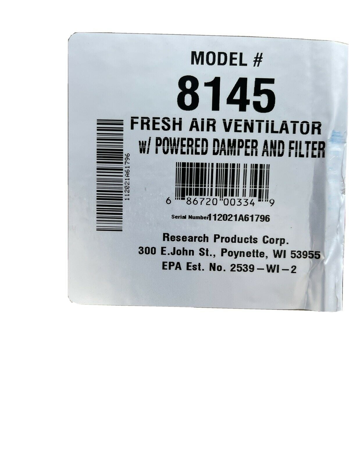 BRAND NEW, 8145, APRILAIRE FRESH AIR VENTILATOR WITH POWERED DAMPER AND