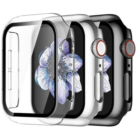 Ouwegaga 3 Pack Case Compatible with Apple Watch 44mm 45mm 42mm 41mm 40mm 38mm Women Men,Full Cover PC Bumper with Tempered Glass Screen Protector for iWatch Series 3 2 1