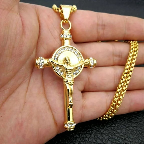 Jesus Cross Necklace Pendant With 14K Yellow Gold Chain And Gold Color Pave Rhinestones Iced Out Bling Jewelry For Women Men