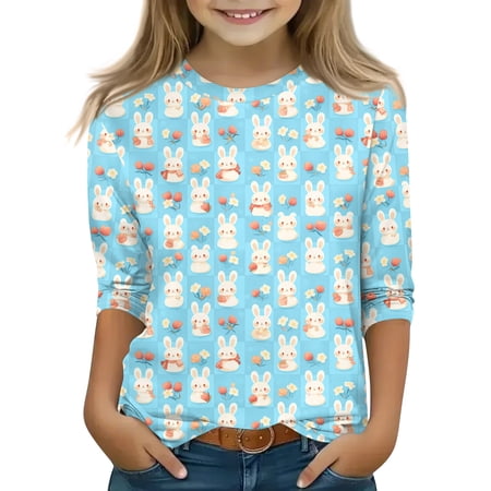 Drmagiyhm Girls Easter Shirts Size 10-12 Casual Bunny and Egg Print Shirt Stretchy Cute 3/4 Sleeve Tshirt Girls Funny Crewneck Tops Tees & Blouses