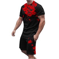 Honeeladyy Men's 2 Pieces Short Sets Cotton Henley Shirts Short Sleeve Casual Beach Shorts Summer Yoga Outfits #Mc-Black-M