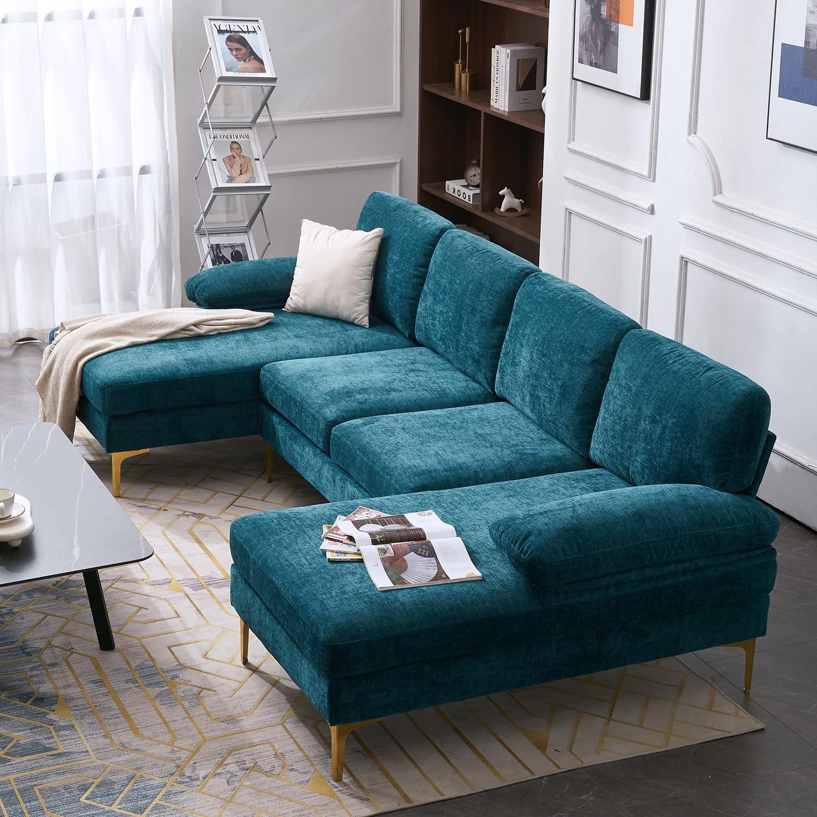plannen Transparant Liever Ktaxon Modern U-Shape Sectional Sofa, 114" Chenille Fabric Sectional Couch,  Double Wide Chaise Lounge Couch with Metal Feet Blue-Green - Walmart.com
