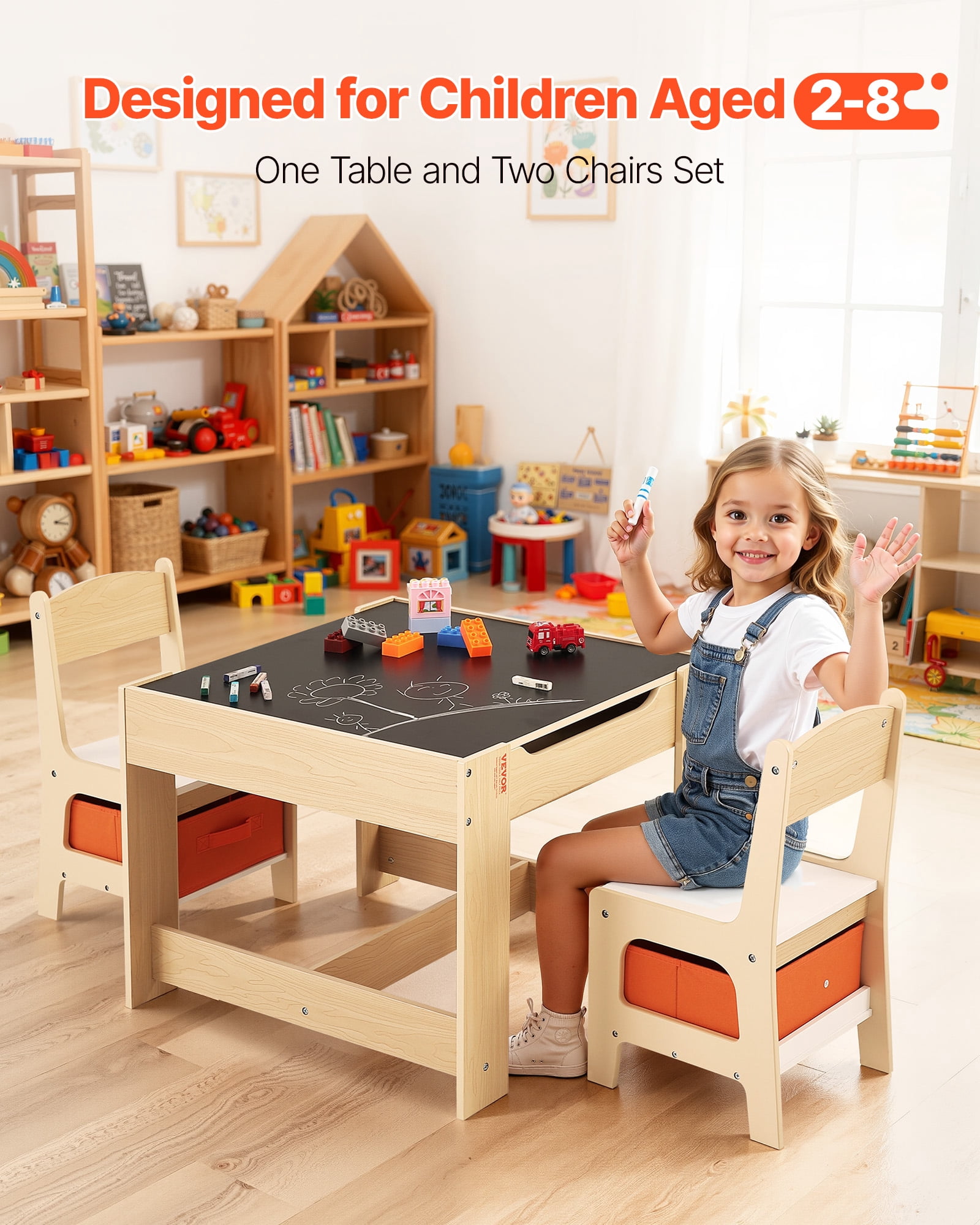 VEVOR Kids Table and 2 Chairs Set, Toddler Table and Chair Set with Storage Space under the Table, Cloth Storage Box under the Chairs, Wooden Desk for Art, Craft, Reading, Learning, Drawing