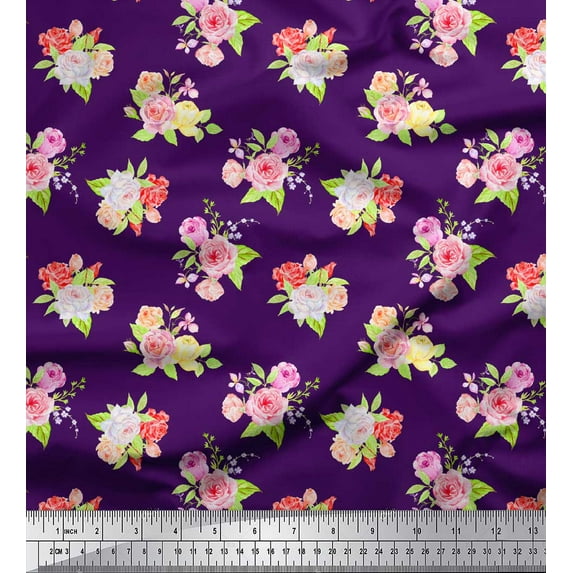 Soimoi Purple Cotton Cambric Fabric Leaves & Grandiflora Roses Floral Print Fabric by the Yard 56 Inch Wide