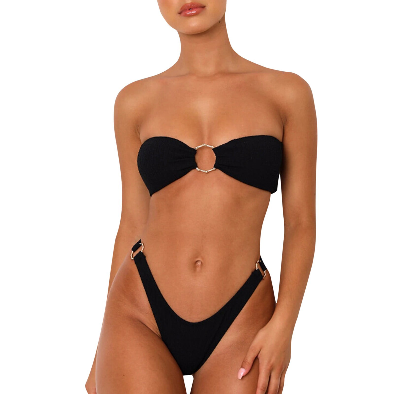 Women's Solid Bikini Two Piece Swimwear Strapless Back Buckle Swimsuit 