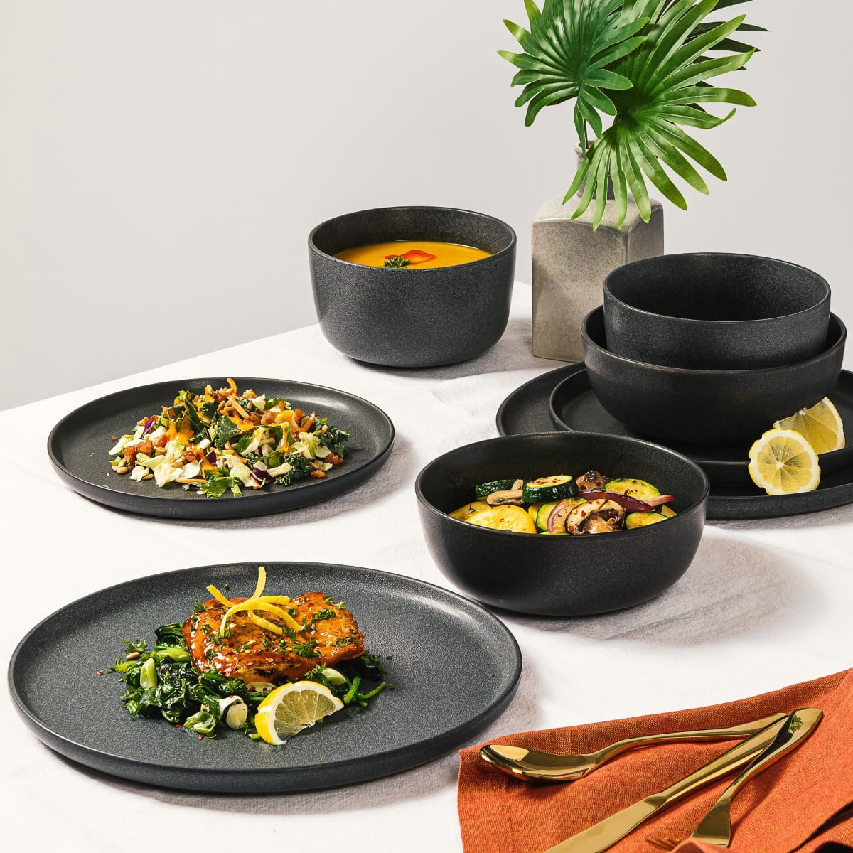 Gibson Elite James Street 16 Piece Stoneware Matte Reactive Double Bowl Dinnerware Set - Truffle Grey