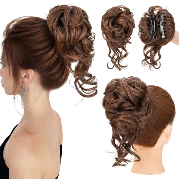 S-noilite Claw Clip Messy Bun Hair Pieces Tousled Updo Fake Hair Bun Chignon Wavy Curly Messy Bun with Clip Hair Extensions Scrunchie Clip on Bun Ponytail Hairpieces for Women(30T4#)