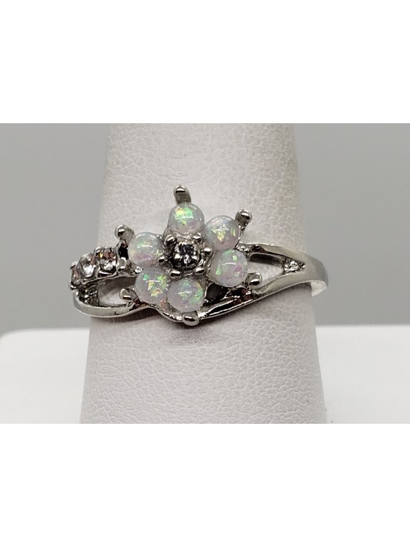 Size 9.5, White Fire Opal Flower Ring