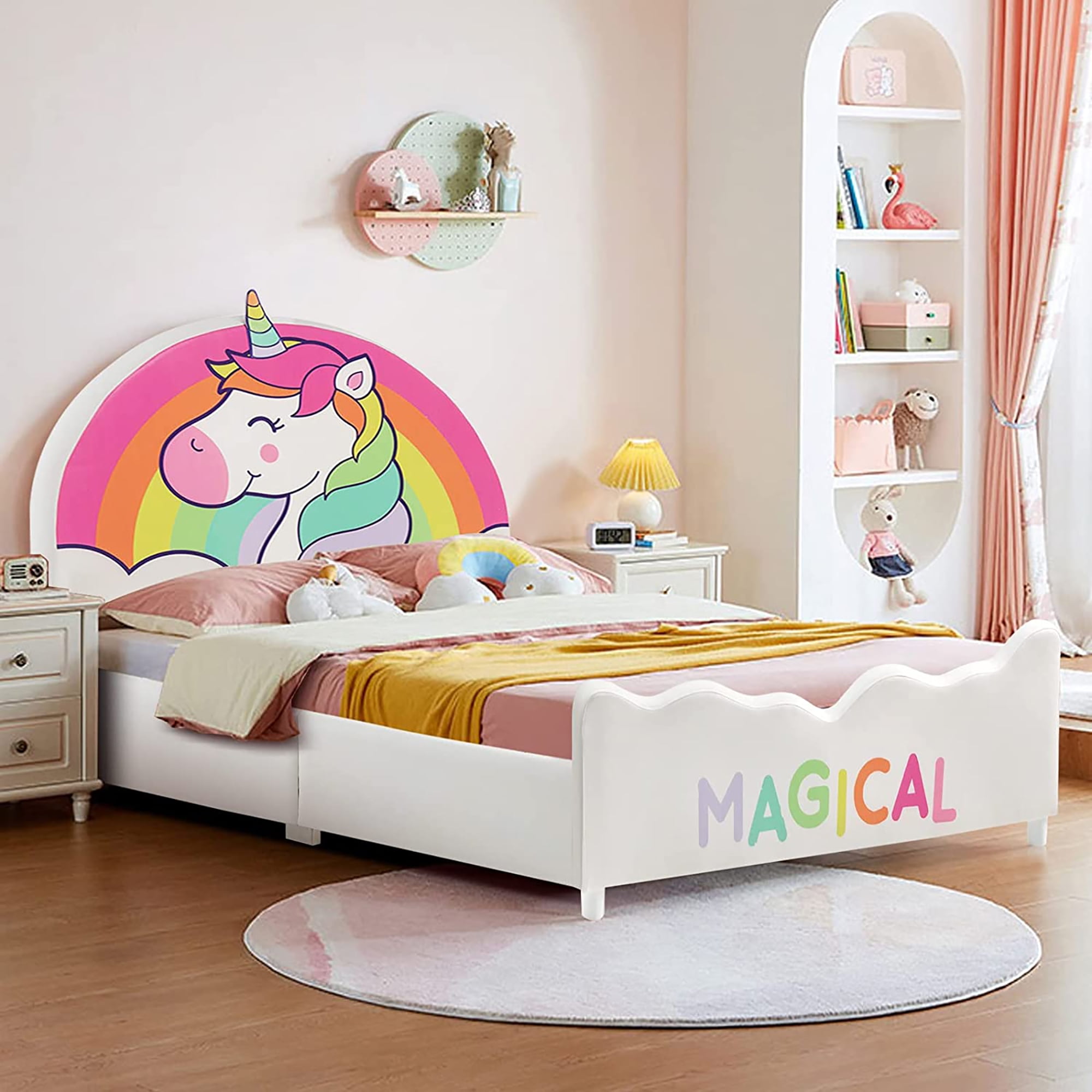 Costway Kids Upholstered Platform Bed Children Twin Size Wooden Bed Unicorn Pattern Walmart