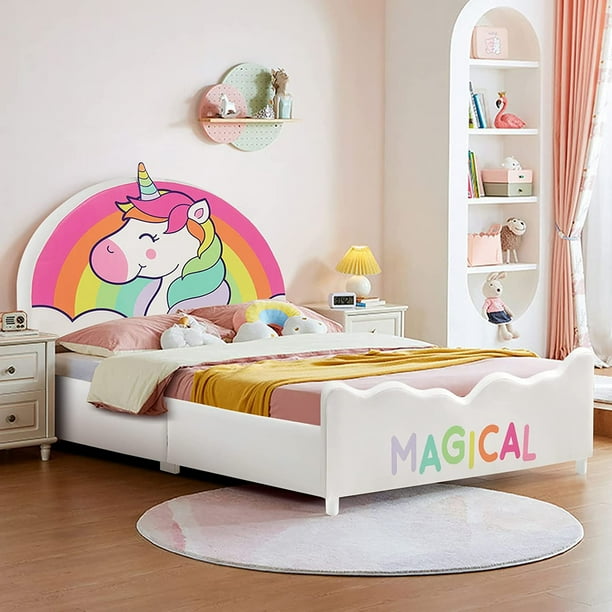 Costway Kids Upholstered Platform Bed Children Twin Size Wooden