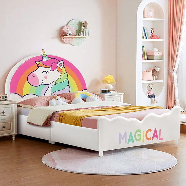 Costway Lit Plateforme Rembourré pour Enfants Lit Simple en Bois Motif Licorne