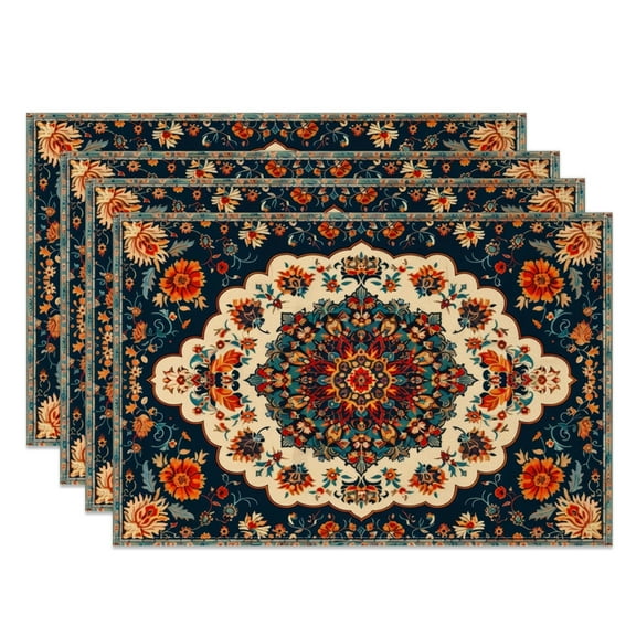 SUNOLIFE Navy Blue Mandala Boho Placemats Set of 4,India Bohemian Table Place Mats 12x18 inch