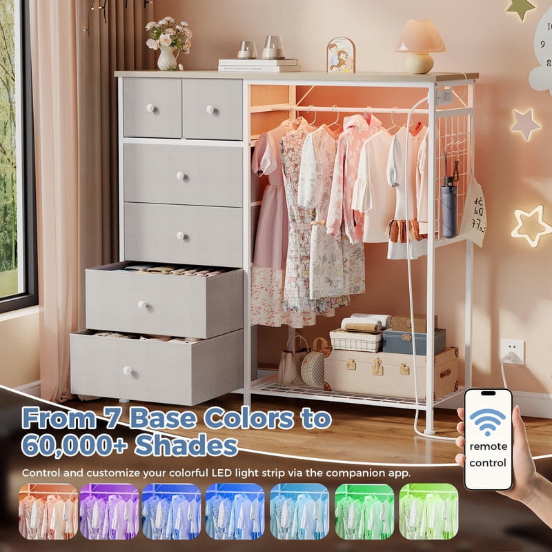 Kelno 6 Drawer Dresser with Hanging Rack LED Lights Charging Station Fabric Closet Organizer Storage Tower, Light Gray