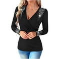 thumbnail image 2 of ClodeEU Women's Cross Wrap V Neck Long Sleeve Slim Fitted Rhinestone T Shirt Top,Ruched Elegant Tee Top Black,Womens Plus XXXXL, 2 of 8