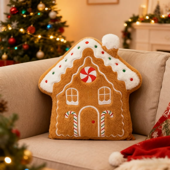 Cojín decorativo de jengibre de Navidad | Acento decorativo navideño | Poliéster, multicolor, 14,1"x13,3" | Regalo festivo, reutilizable, acogedor decoración estacional