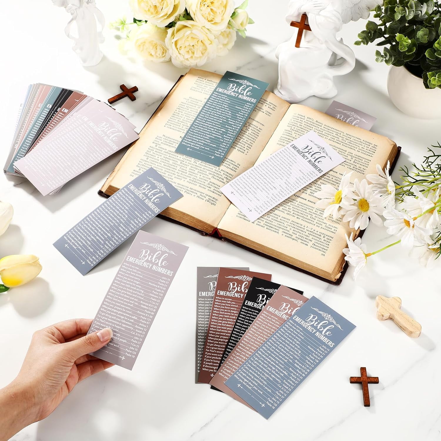 100 Pcs Christian Bible Verse Emergency Numbers Bookmark Christian Church Gift 2.36 x 6'' Religious Books of The Bible Bookmark for Women Men Catholic Retreat Sunday School(Morandi)