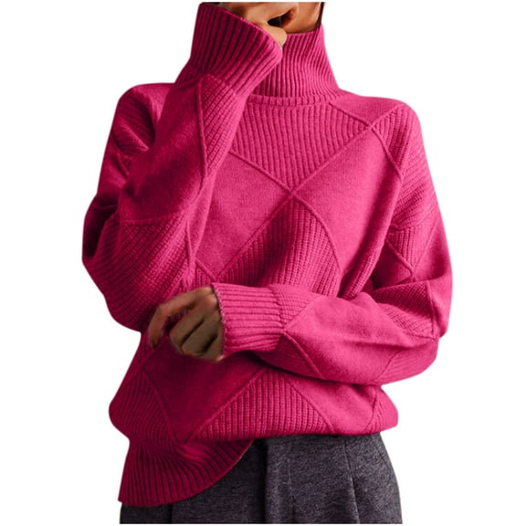 WREESH Womens Fashion Sweaters Turtleneck Sweater Solid Color Pullover Regular Fit Long Sleeve Tops Casual High Neck Pullover Top Hot Pink