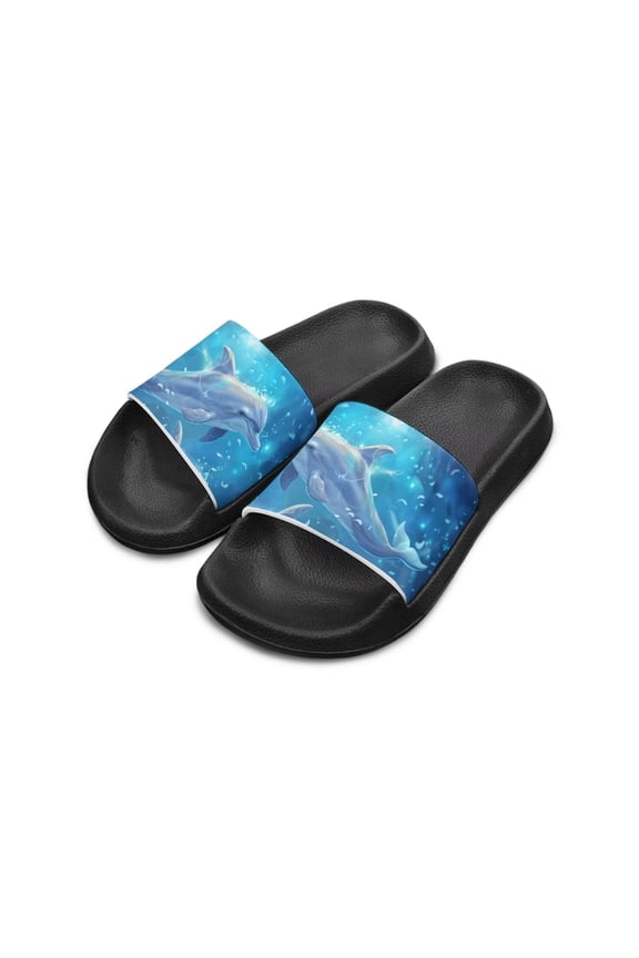 Dolphin Print Girls Slippers Kids Slide Sandals Beach Shoes Travel Shower Shoes for Kids Lightweight Slides with Non Slip Sole