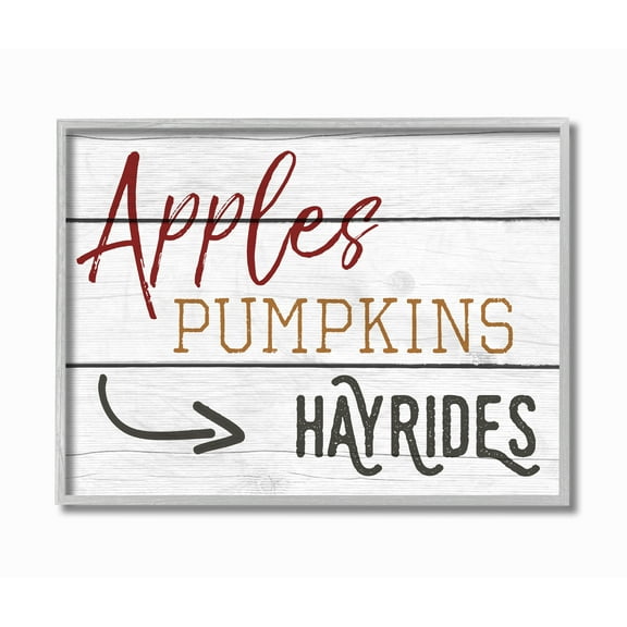 Stupell Industries Apples Pumpkins Hayrides Vintage Sign Graphic Art Gray Framed Art Print Wall Art, 16x20, by Daphne Polselli