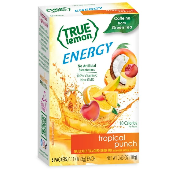 True Lemon Tropical Punch Energy Drink Mix Powder, Low Sugar, No Artificial Sweeteners, 6 Count