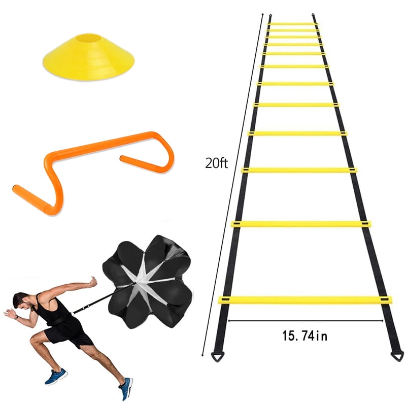 Speed & Agility Ladder Training Equipment Set, Includes 20ft Agility Ladder, 4 Agility Hurdles,12 Disc Cones, 1 Resistance Parachute For Training Football Soccer Basketball Athletes