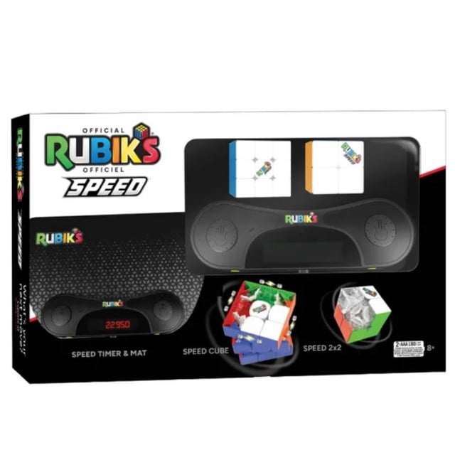 Rubik's Speed Bundle with a speed timer mat, 3x3 speed cube, and 2x2 speed cube, ideal for brain teaser puzzles and speedcubing practice. The timer mat features a Rubik's-branded neoprene pad with ergonomic sensors for precision timing, displayed in a wide, easy-to-read format. The 3x3 and 2x2 speed cubes are stickerless, pre-lubricated, and designed for faster, smoother turns, with magnets in the 3x3 cube for enhanced stability and alignment. Packaging highlights the components and their features.