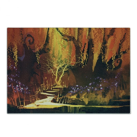 Fantasy Cutting Board, Enchanted World Imaginary Forest with Fastastic Image Scenery Absurd Elements, Decorative Tempered Glass Cutting and Serving Board, Small Size, Orange Brown, by Ambesonne