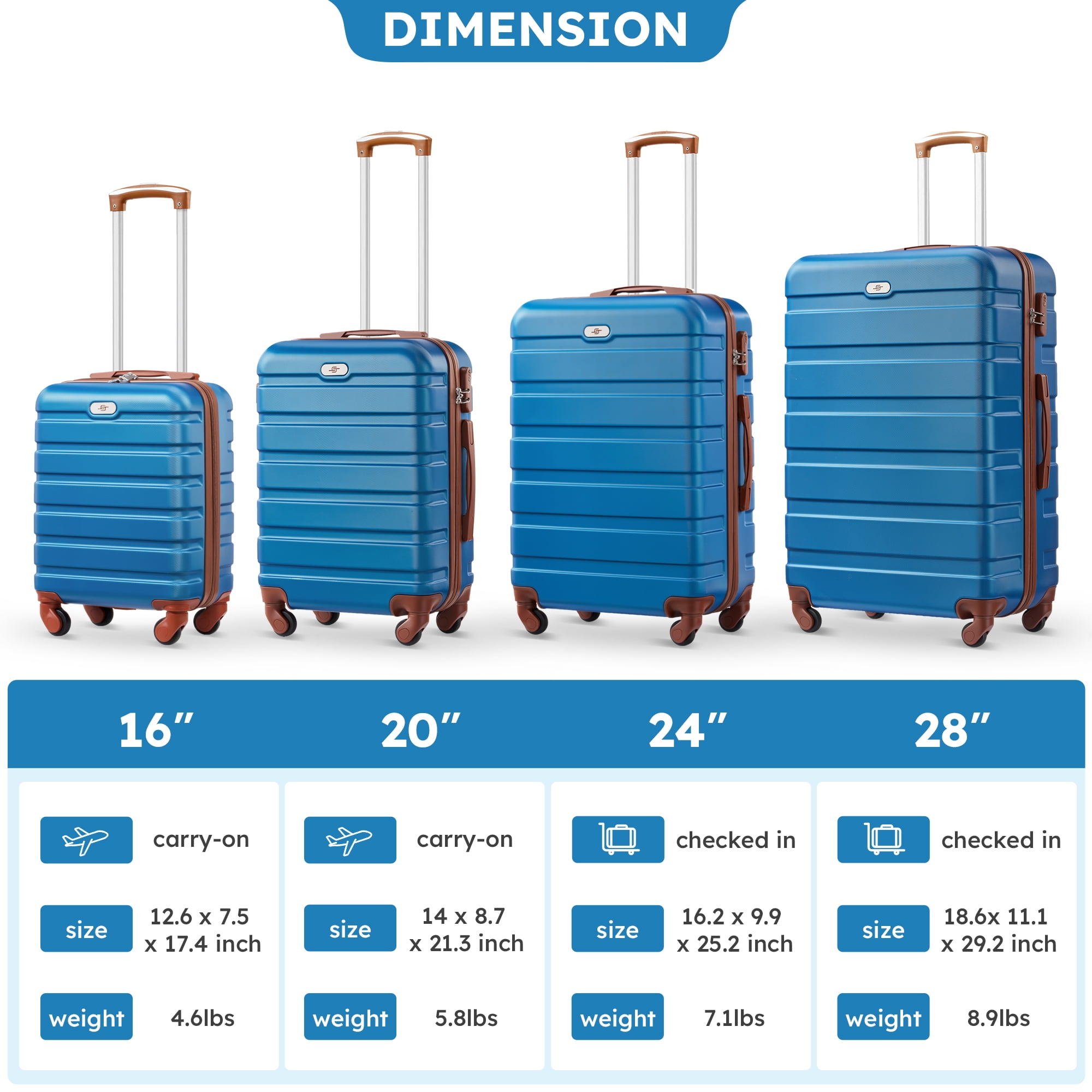 Gowill 4 Piece Luggage Set 16/20/24/28 inch Hardside Lightweight Suitcase with Spinner Wheels (Sky Blue&Tan)