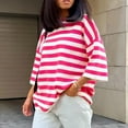 thumbnail image 2 of Elainilye Fashion Womens Basics Off Shoulder Sleeve Stripe Printed Round Neck T-shirt Loose 3/4 Sleeve Round Neck Shirt,Pink, 2 of 6