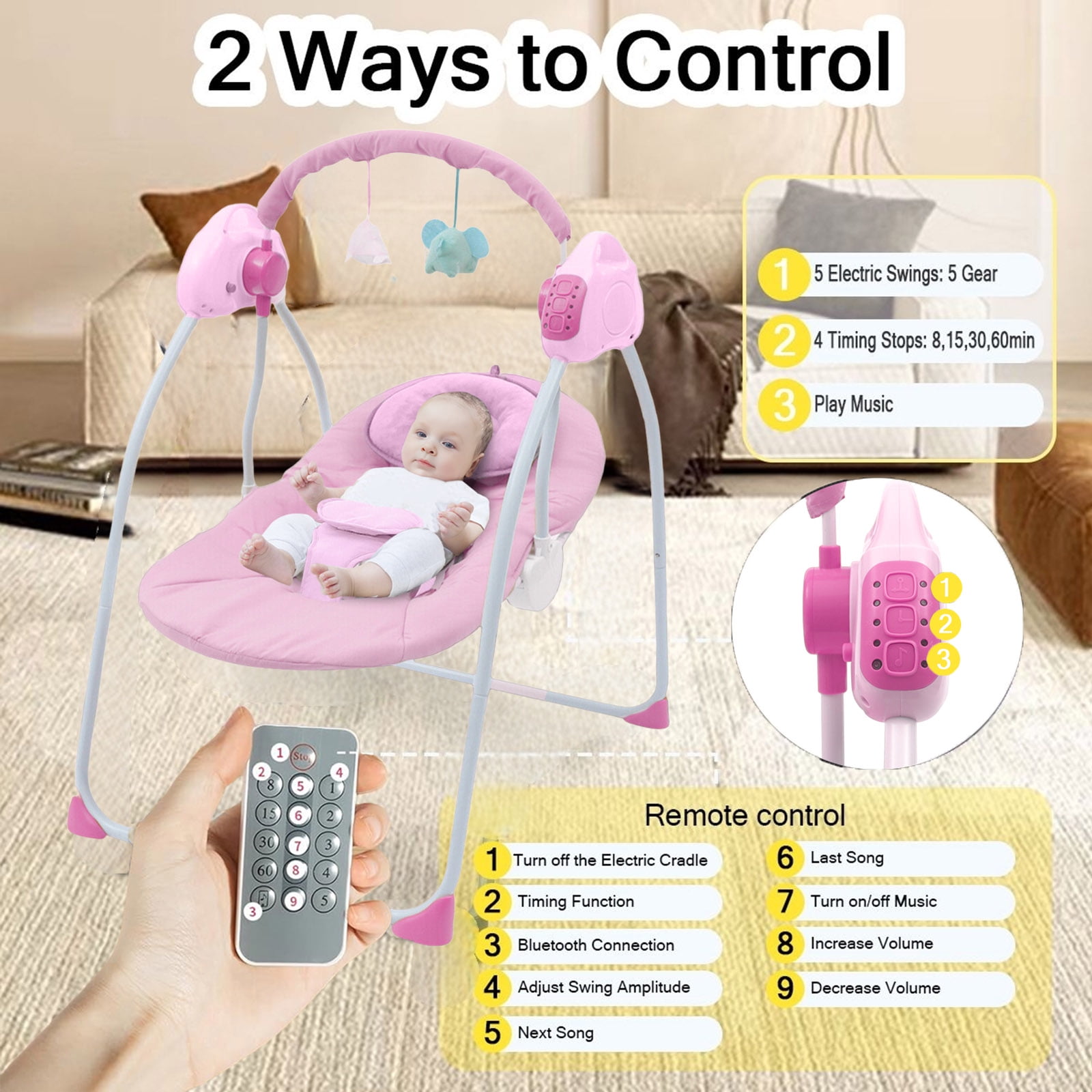 ANJORALA Baby Swings for Infants Toddler, Portable Newborn Swing Bouncer, Bluetooth(Pink)